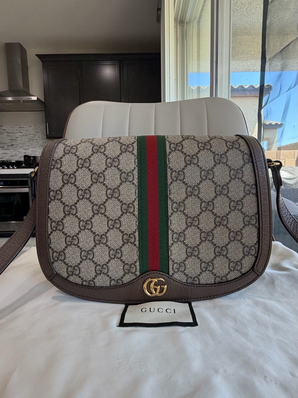 Gucci GG Supreme Web Saddle Bag in Brown with Green & Red Stripe
